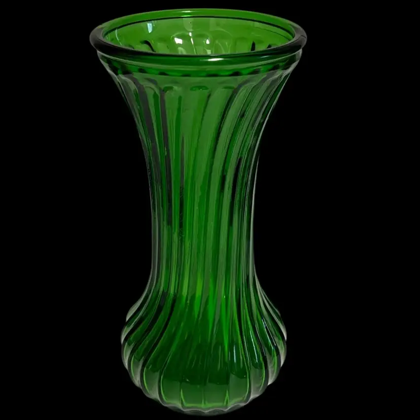 Hoosier Glass #7 - Vintage Swirled Emerald Green Vase- 7.5” Tall