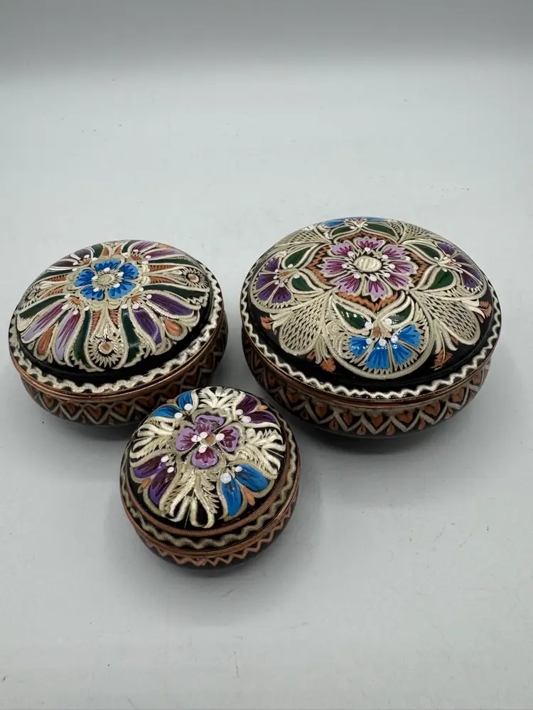 Vintage Set of 3 Brass Enameled & Carved Trinket Boxes