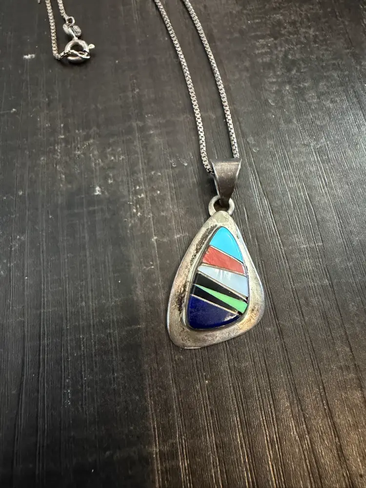 Vintage Sterling Silver Inlay Pendant Necklace