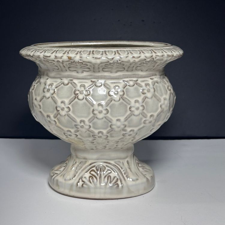 #1458 Large Stoneware White Drip Glaze Planter Floral Design