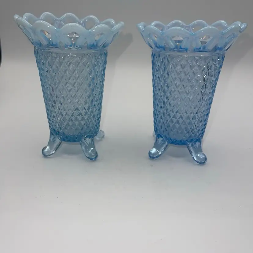 Beautiful Imperial Glass Katy Blue Laced Edge 4 Footed Vase Vintage Set Of 2