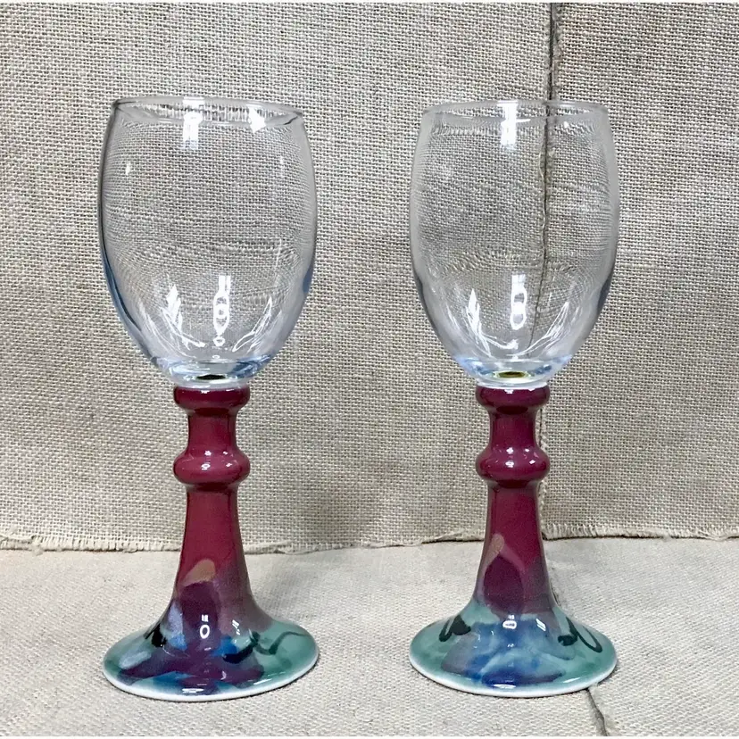 Wine Glass Set w Art Pottery Stem Gothic Goth Goblin Core Boho Unique Eclectic