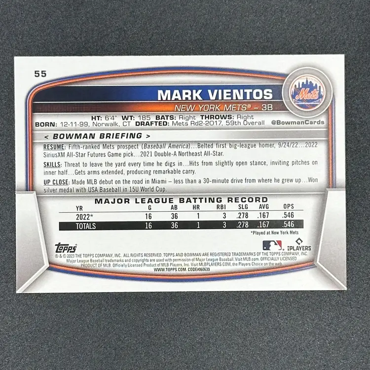 2023 Bowman Mark Vientos Neon Green RC #/399 #55 Mets Free Ship