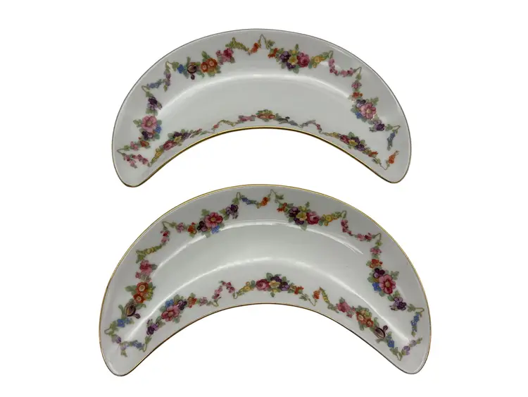 Schumann Arzberg Bavaria Floral Garland Crescent Bone Dishes Pair 8in Gold Rim