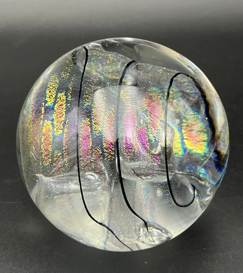 Tim Lazer Signed 2008 Dichroic Swirl Bubbles Art Glass Paperweight 3 1/2"