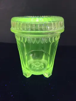 Antique EAPG Glass Footed Jam or Jelly Jar With Lid UV Glow