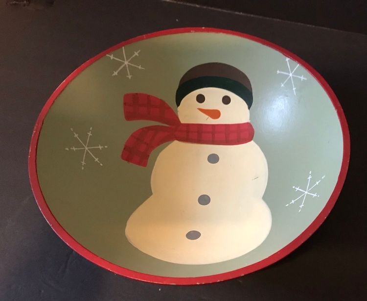 Hand Painted Wood Bowl Christmas Snowman Design