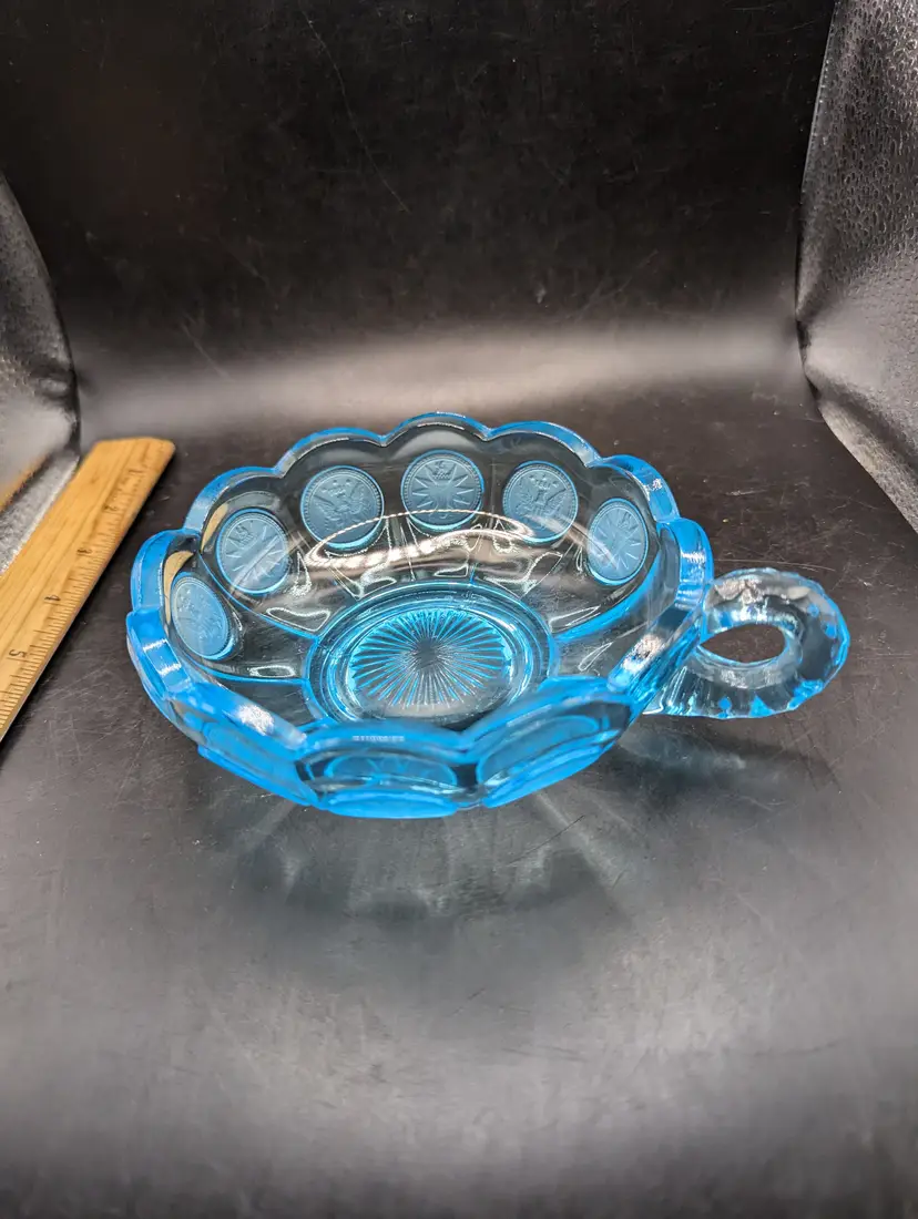 Vintage Fostoria Glass Coin Aqua Ice Blue Handled Candy Nappy Dish Bowl Liberty