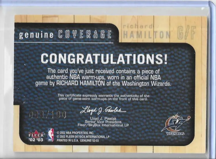 Richard Hamilton Fleer Genuine Coverage Wizards Card - Game-Worn Warm-Ups