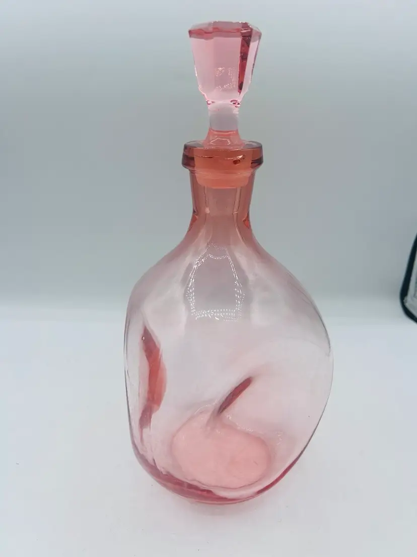 Pink Art Glass dimple decanter with glass stopper 11 inches tall