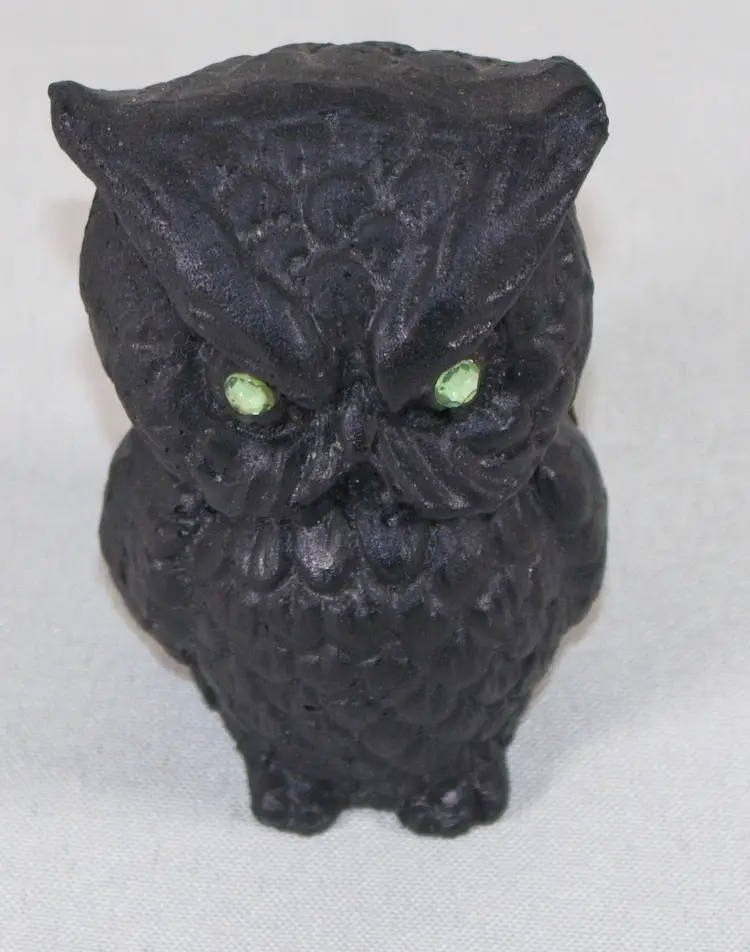 Vintage Coal Black Owl Handcrafted Green Jewel Eyes 3" Tall Halloween