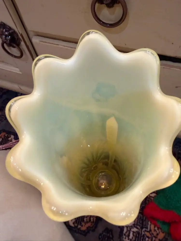 Vintage Fenton Art Glass Topaz Opalescent Vaseline “Cactus” Pattern Swung Vase Ruffled Rim apx 14” 3.5” Base