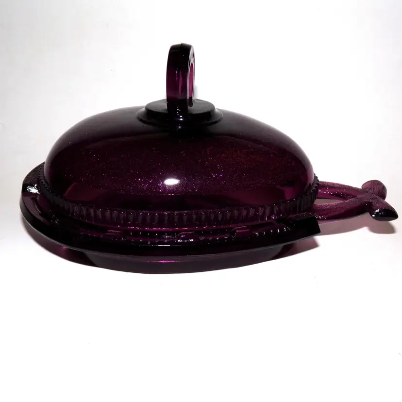Vintage & Scarce LG Wright Purple Amethyst Daisy & Button Horseshoe Covered Candy Box