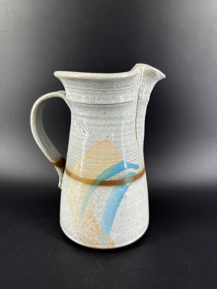 Signed Studio Art Pottery 32oz Stoneware Pitcher Hand Painted