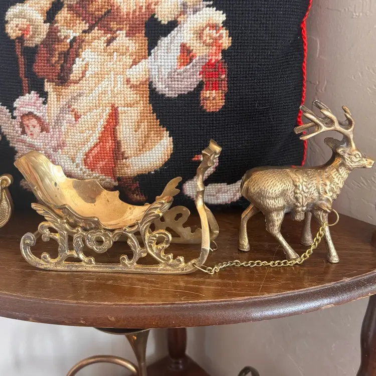 Vintage Solid Brass Ornate Christmas Sleigh & Reindeer