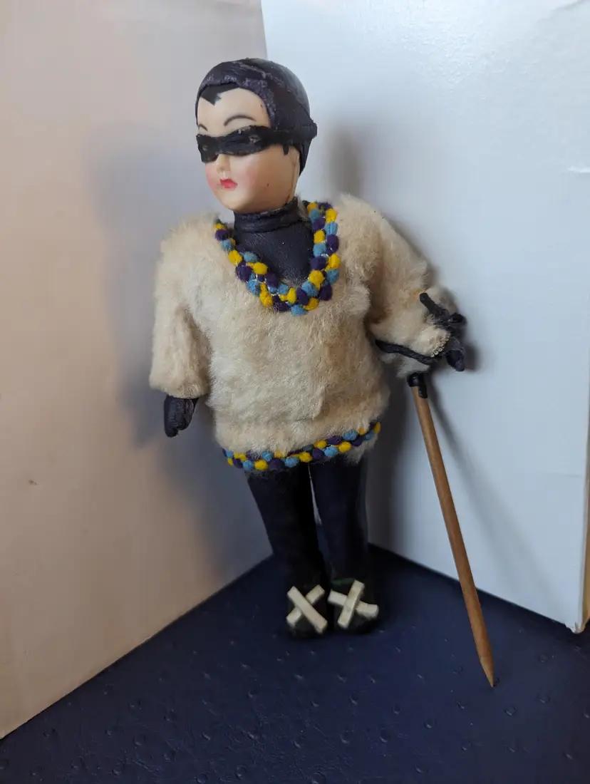 Vintage Carlson Doll Skiing Figurine Mid Century with Faux Fur Outfit