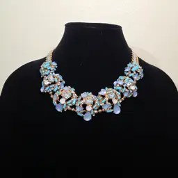# 033 Goldtone Blue White Acrylic Collar Statement Necklace
