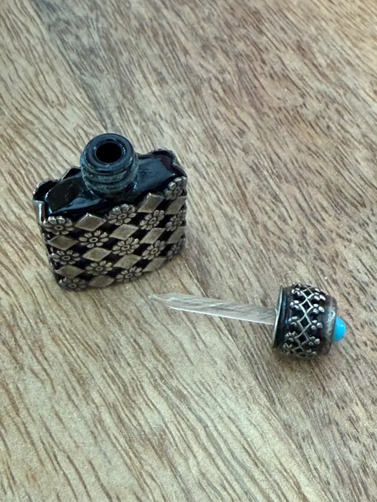 Vintage French Miniature Ornate Floral & Diamond Silver Plated Black Glass Perfume Bottle 1.26”