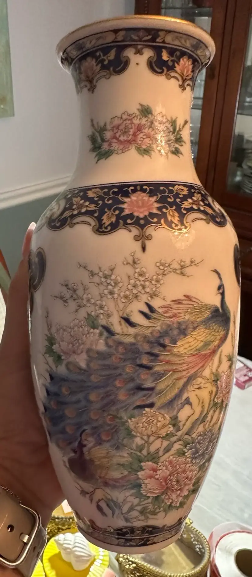 NRW PRICE!VintageTOYO Peacock Bird Floral Porcelain Accent Vase Cobalt/Pink Japan