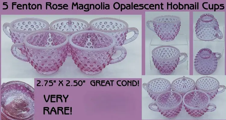 VERY RARE Set of 5, Fenton Hobnail Opalescent Rose Magnolia Opalescent, Neodymium ~ Alexandrite, Punch Cups