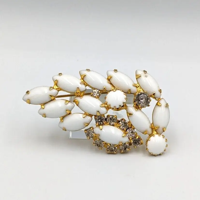 White Navette Milk Glass Rhinestones Brooch Gold Tone Vintage Unmarked Pin