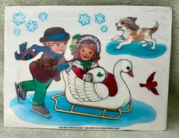 1991 Window Cling Dickens Darlings Ice Skating Swan Sleigh Dog NOS Current Vtg