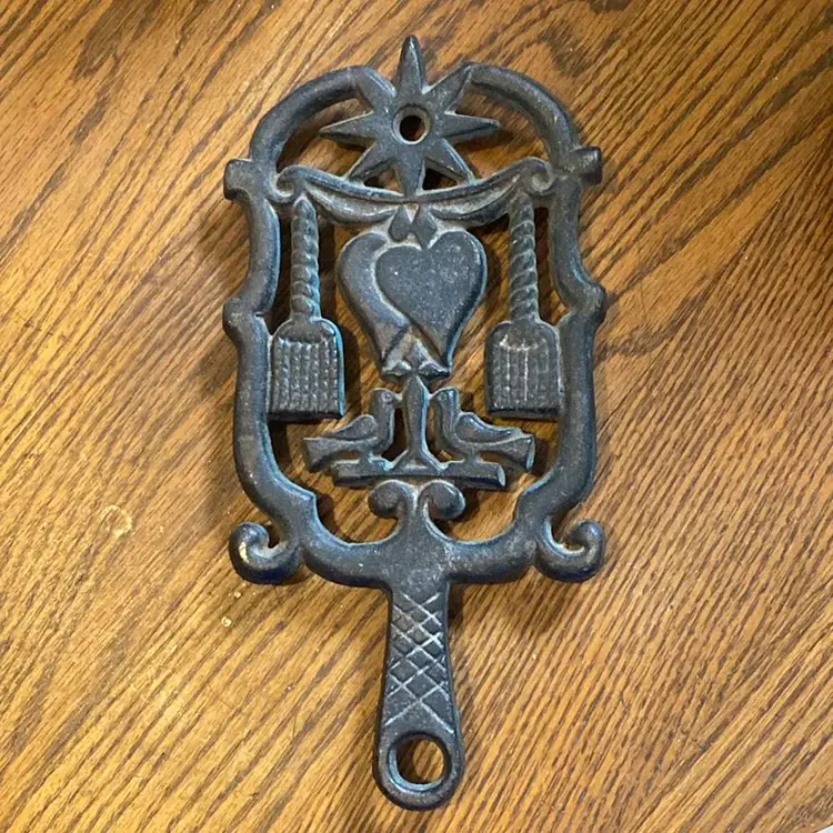 Antique Cast Iron Wilton Trivet Hearts Birds Brooms And Sun Nice!