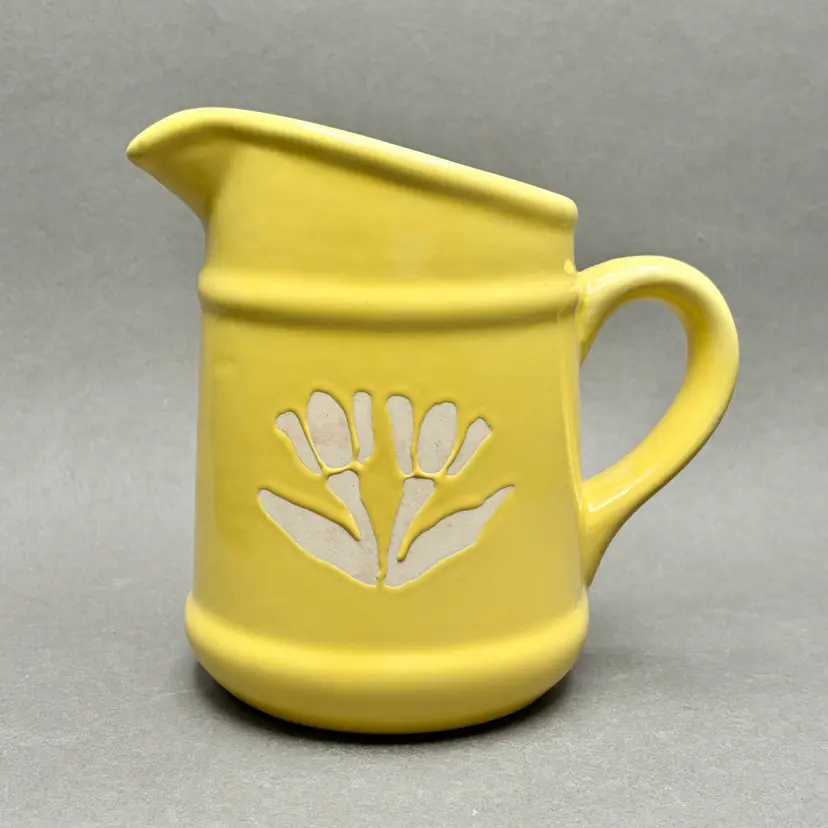 Vintage Yellow Ceramic Pitcher with Stylized Tulip Motif Art Pottery Pitcher