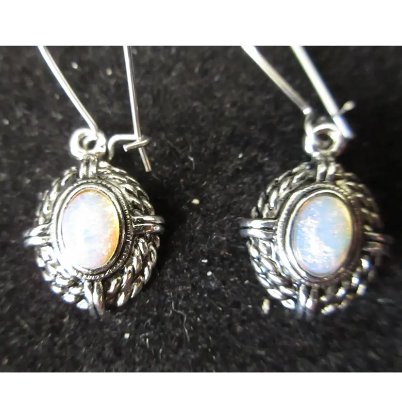 Vintage Avon Pink Opalite Cabochon and Silver Tone Metal Dangle Earrings - 1/2 Inch Long