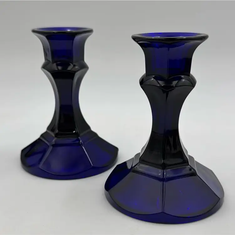 Pair Of Cobalt Blue Glass Candlestick Holders