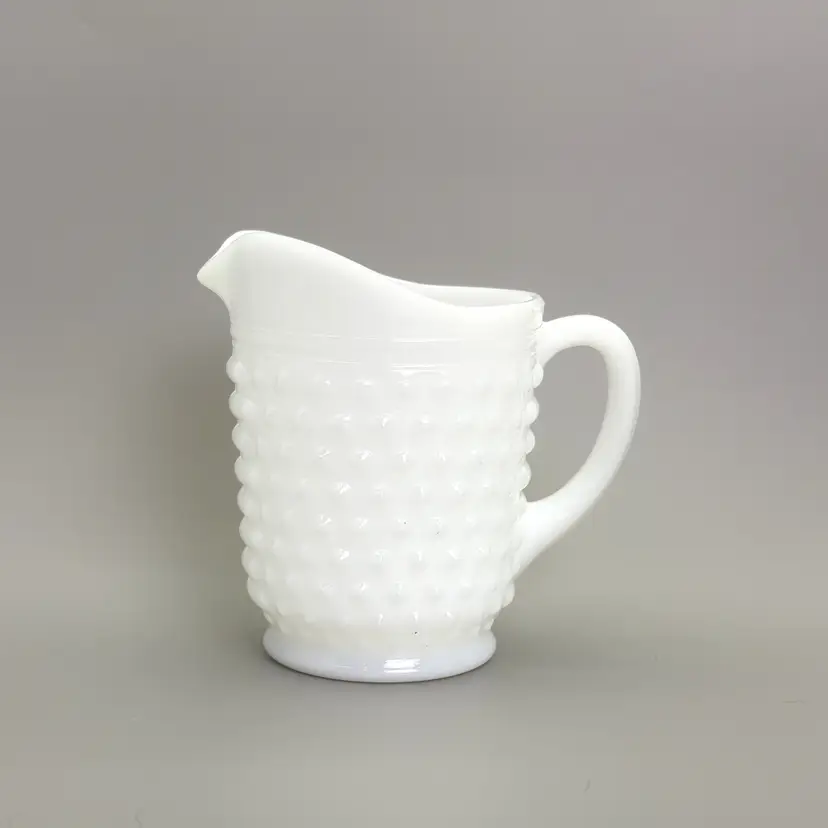 Vintage Hobnail Milk Glass Pitcher – Small White Jug – 1950s Cottagecore Decor – Farmhouse Creamer – Unmarked Mid Century Glass