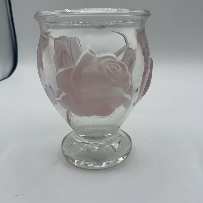Glass Heavy Vase Raised Puffed Frosted Pink Roses Lead Crystal France