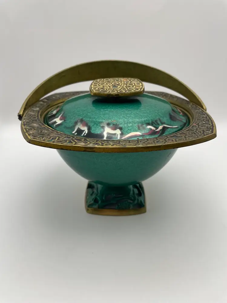 Vtg MCM Judaica Enamel Painted Brass Candy Dish Bowl W/ Lid & Handle Israel