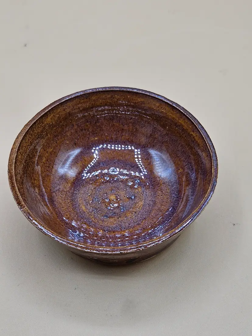 Brown Small 3.5" Pottery Bowl, Studio Art, Signed, Missing Glaze B