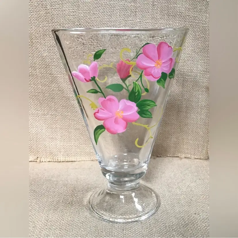 Vintage Pedestal Glass Fan Vase Hand Painted Floral Pink Flowers Art Decor