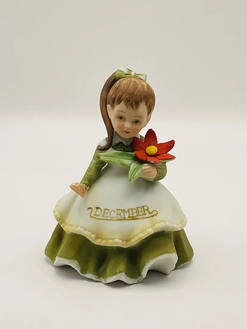 Vintage Lefton KW4200 December Porcelain Bisque Birthday Girl Figure Green Dress 4.75” Tall
