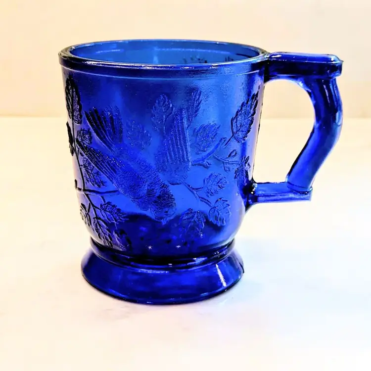 Mosser Glass Robin in Tree Cobalt Blue Child's Mug Cup After Bryce Walker & Co.
