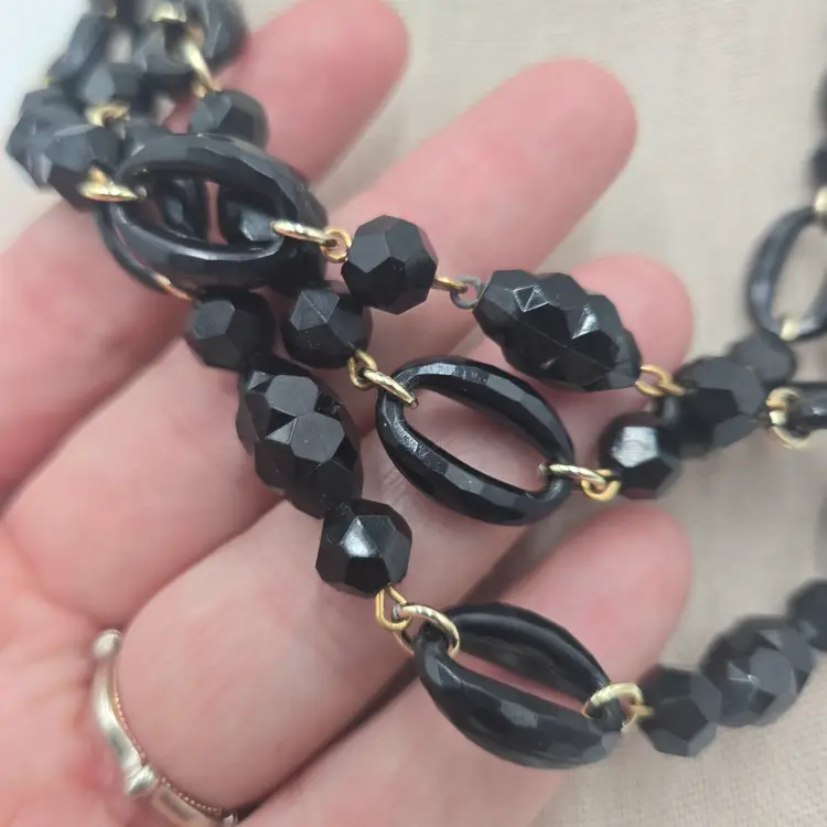 Vintage Western Germany Three Strands Black Acrylic Faceted Beaded Necklace