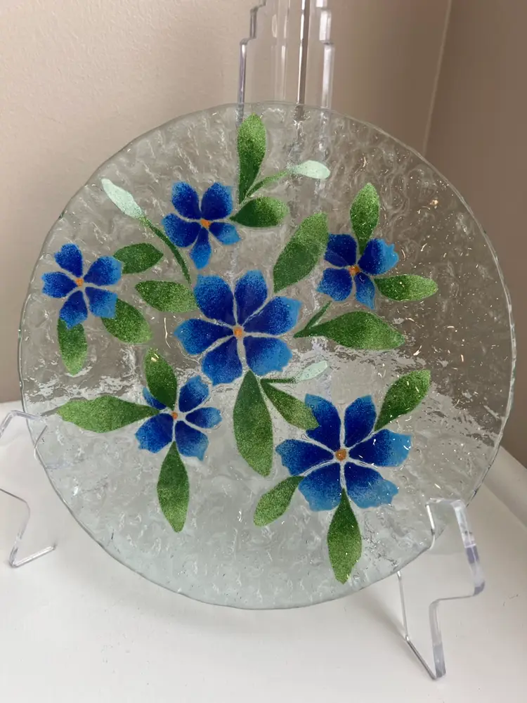 Vintage Signed Blue Periwinkle Art Glass Fused Floral Plate