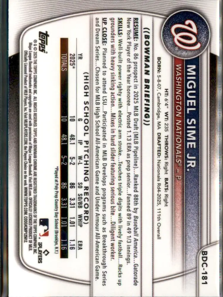 2025 Bowman Draft #BDC-181 Miguel Sime Jr. Chrome - (138) - Washington Nationals
