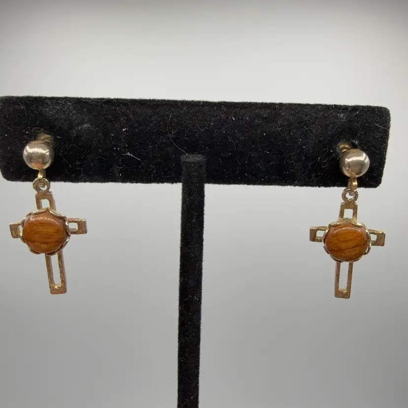 Gold Tone And Wood Cross Pierced Earrings