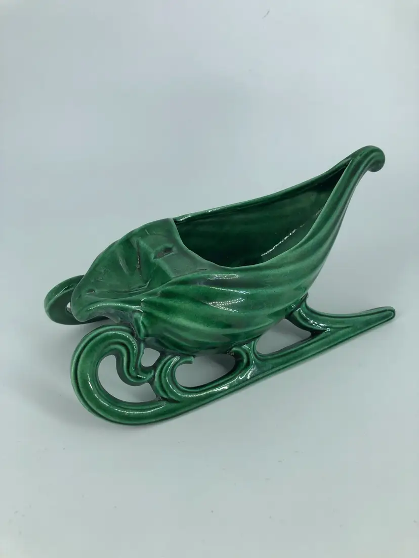 Vintage Atlantic Mold Ceramic Green Sleigh Dish / Planter