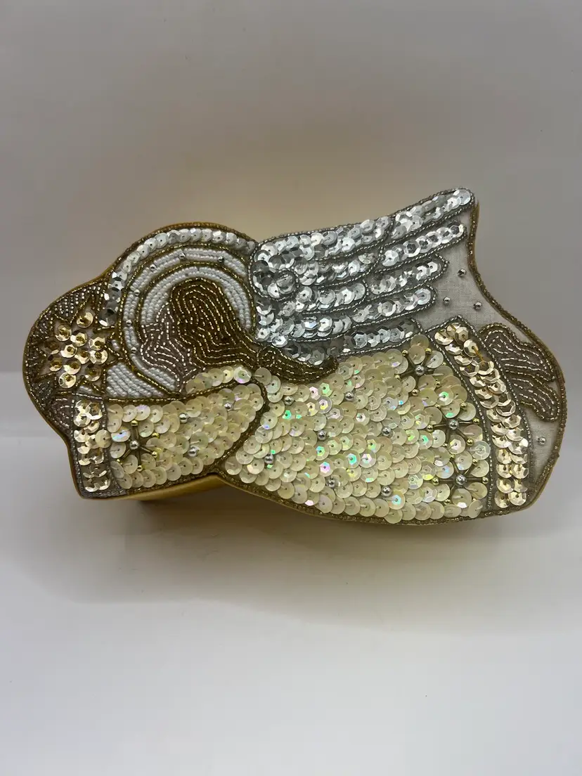 Vintage Gold Satin Sequin Angel Star Christmas Trinket Box
