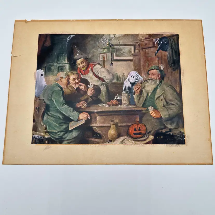 Altered Painting Halloween Ghosts Card Game Vintage Print