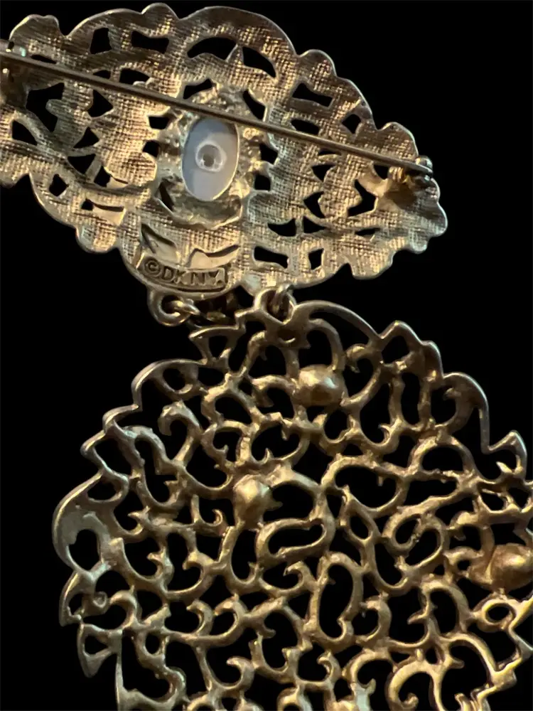 DKNY Rare Vintage Brooch Gold Tone Rhinestone