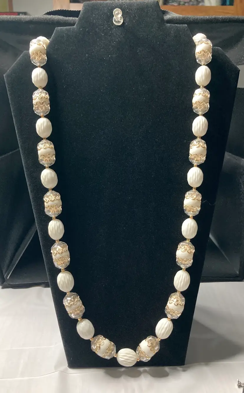 Vintage 30” Hong Kong Necklace! Gold Tone White And Clear! Slide Clasp Closure!