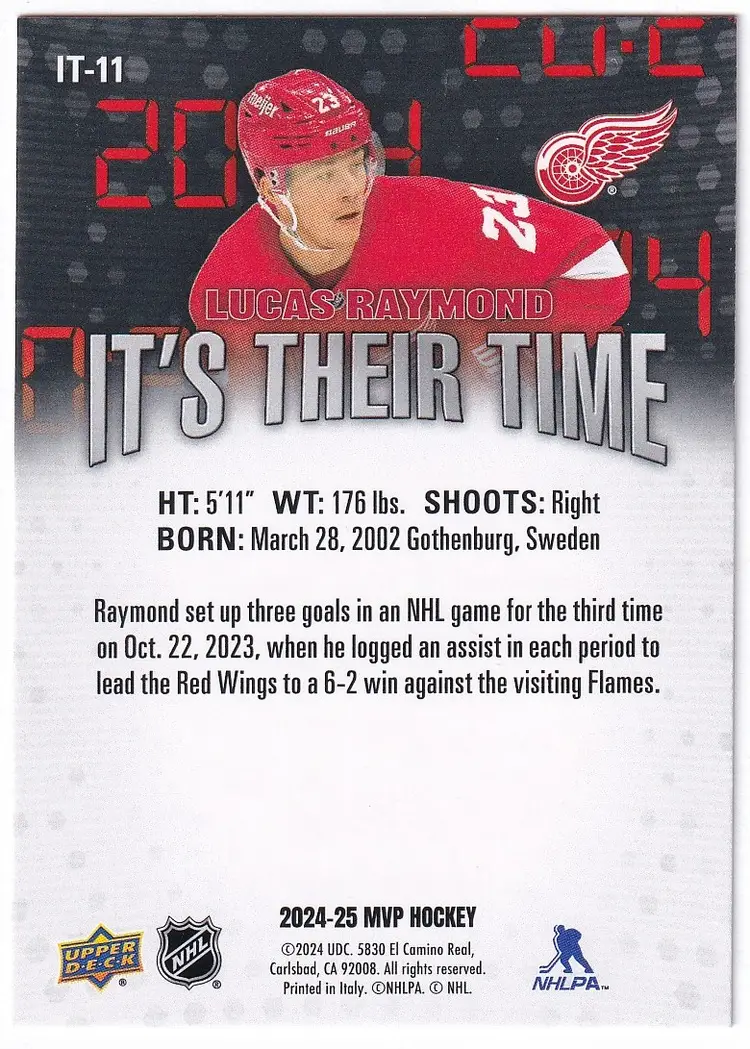 2024-25 Upper Deck MVP It's Their Time #IT11 Lucas Raymond Detroit Red Wings Hockey Card
