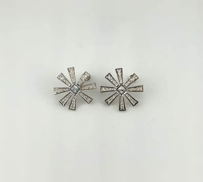 Vintage Napier Silver Tone Rhinestone Starburst Screw Back Earrings 1.25”