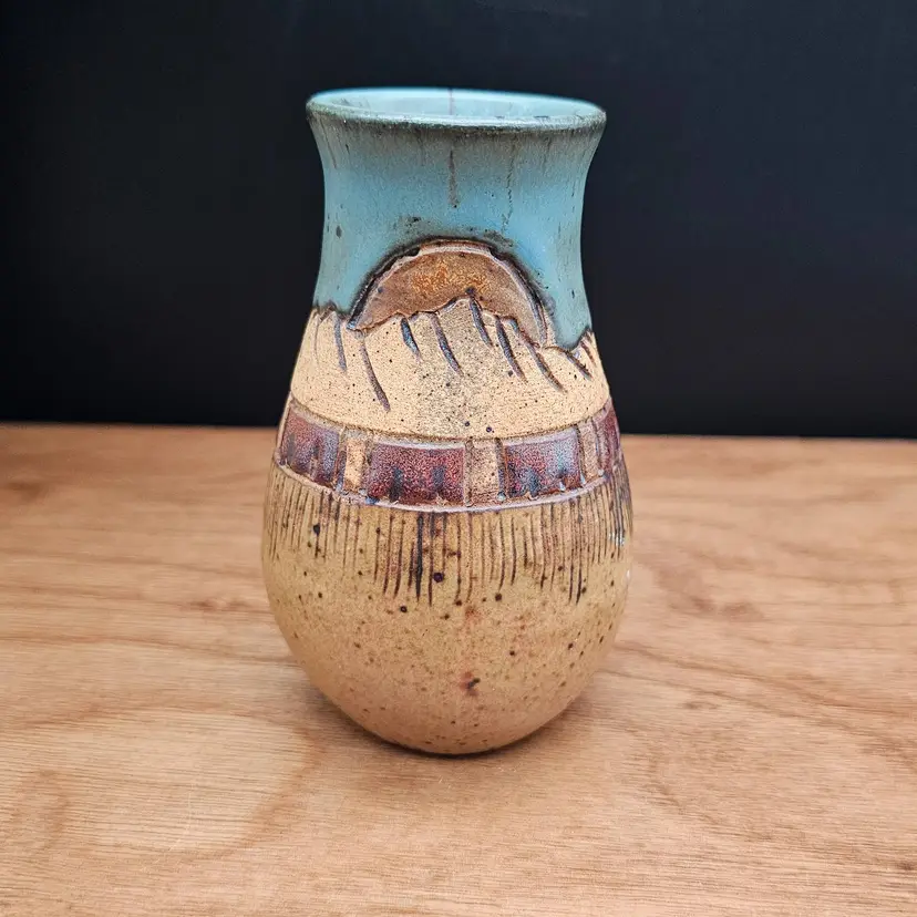 John Winterhawk Muscogee-Creek Pottery Bud Vase Blue Sky Mountain Sunset 4.5"