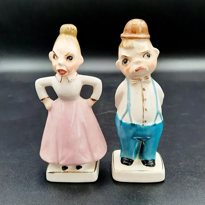 Vintage Two Faced Happy Mad Couple Salt & Pepper Shakers Japan